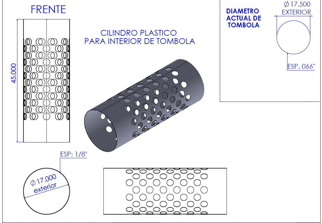 Camisa cilíndrica perforada de polímero técnico instalada en tómbola metálica de separación de residuo