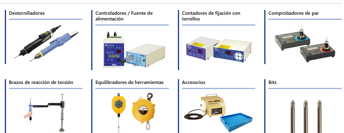 Familias de producto delvo®: destornilladores, controladores, contadores de fijación, comprobadores de par, brazos de reacción, equilibradores, accesorios y bits